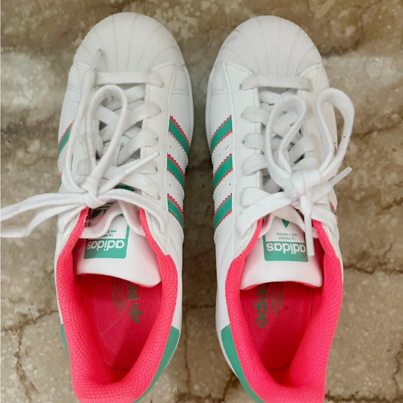 Adidas White with Teal and Coral Accents Japan Edition Sneakers Size 4 kids EUC - Picture 2 of 6